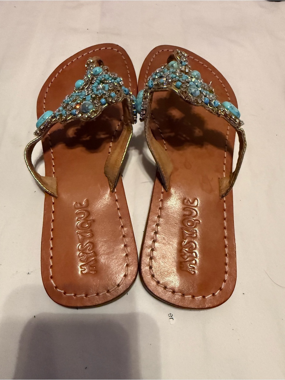 Mystique Turquoise Jeweled Leather Thong Sandals Size 8